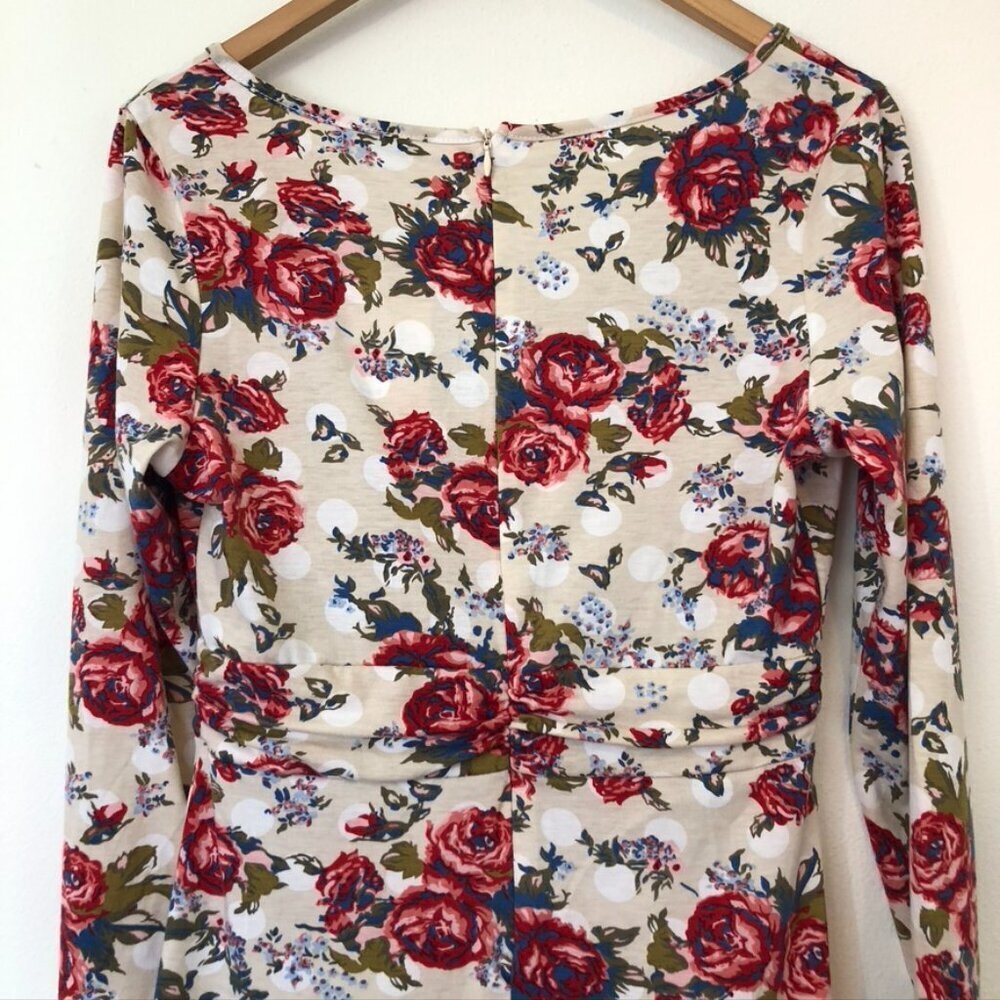 NEW NWT MEAVEOR Beige White Red Blue Floral Polka Dot Faux Wrap Dress Medium M - Picture 10 of 10